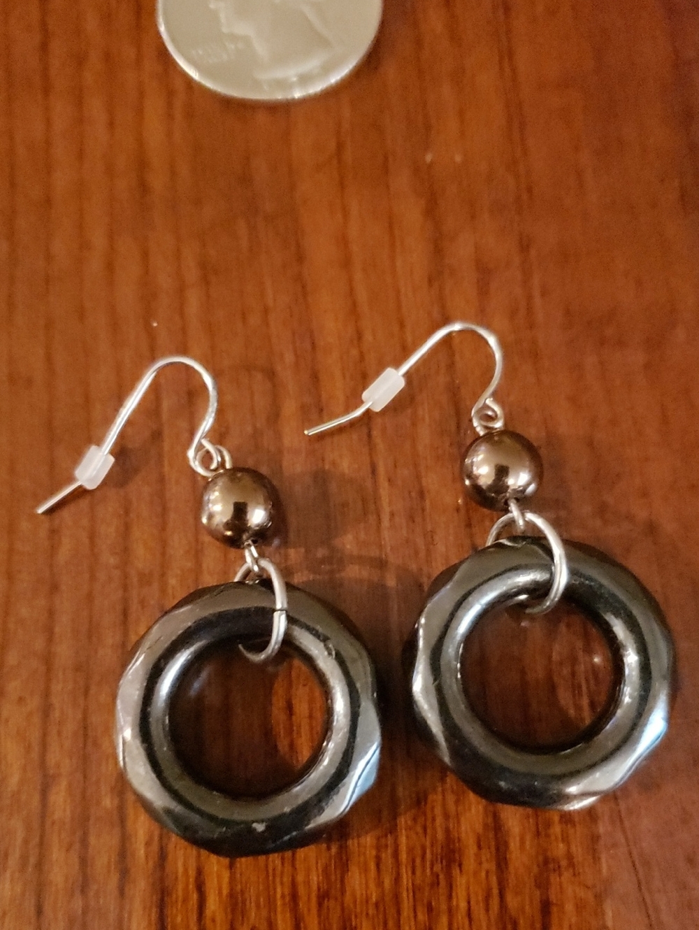Hematite-Tone Hoop Drop Earrings with Bead Accent